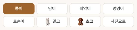 처음 켤 때 페어리 모습을 고르는 화면. 콩이, 냥이, 삐약이, 멍멍이, 토순이, 밀크, 초코, 사진으로